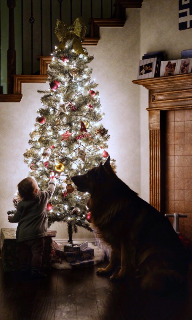 child and dog in front of a christmas tree